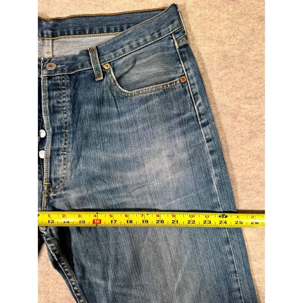 Levis 501 Jeans Mens 36x34 Blue Distressed Denim Cotton Button Fly Straight Leg